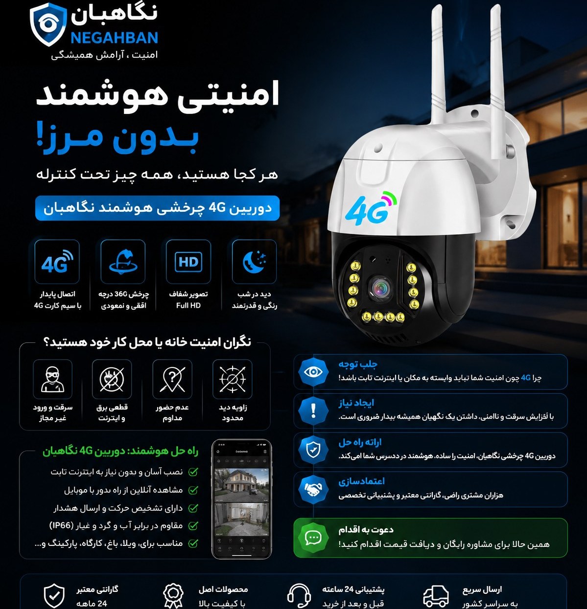 دوربین امنیتی خورشیدی تک لنز چرخشی سیمکارت دار
